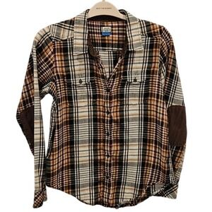 KAVU Plaid Flannel Shirt Women's Size Small Brown Cream Black Elbow Patches